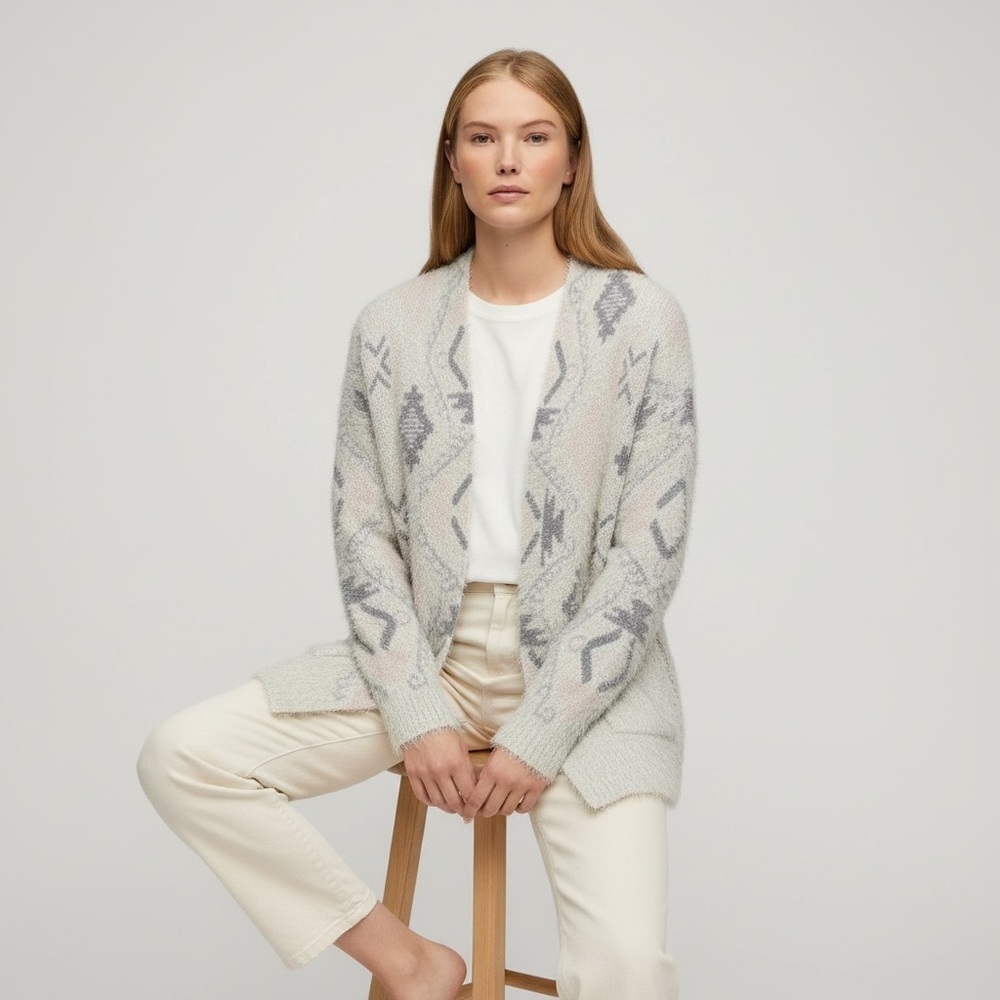 Knox Rose Cream and Gray Geometric Women’s Cardigan Size XS - Picture 2 of 8